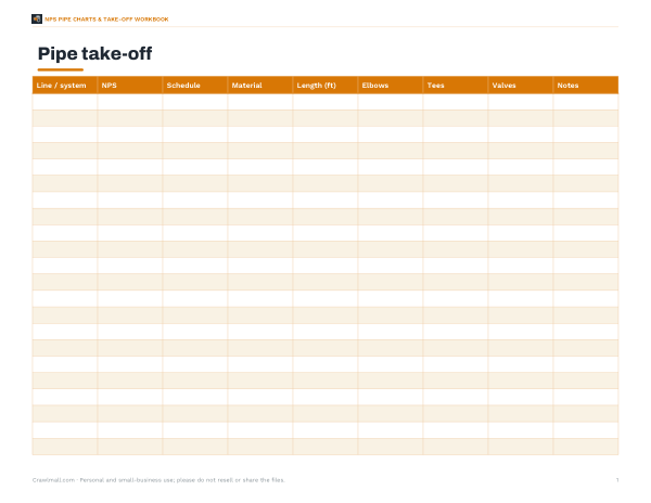 Preview of Printable NPS Pipe Take-Off Sheet